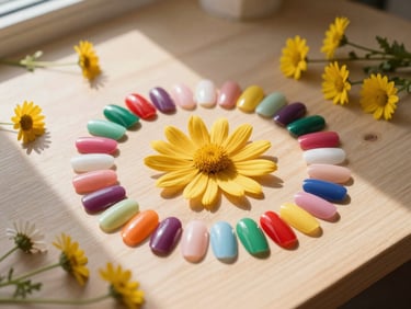 Flat-lay of colorful, reusable press-on nails arranged like flower petals on a clean wooden desk, surrounded by tiny yellow daisies, bright morning light.