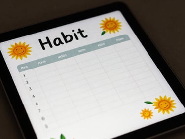 Close-up of a digital planner displayed on an iPad screen showing a cheerful habit tracker with hand-drawn sunflower elements.