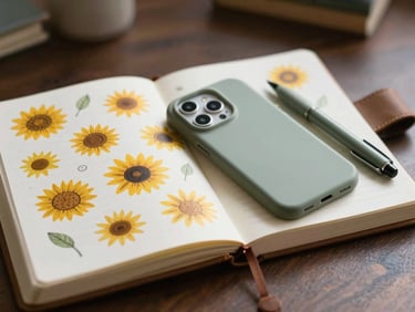 An open daily planner with whimsical hand-drawn sunflower doodles, a cute phone case resting beside a sage green pen, soft-focus background.