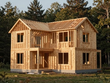 Wide shot of a new timber frame home under construction in Muskoka, showing precise joinery and structural integrity, golden hour light, shallow depth of field, 35mm film style