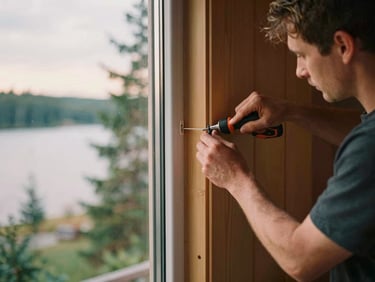Close-up of a skilled carpenter meticulously installing custom wood paneling in a renovated Muskoka cottage interior, soft overcast daylight, shallow depth of field, 35mm film style