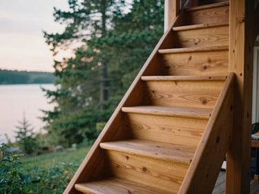 Close-up of a custom-built timber staircase inside a Muskoka cottage, showcasing detailed wood grain and craftsmanship, soft overcast daylight, shallow depth of field, 35mm film style