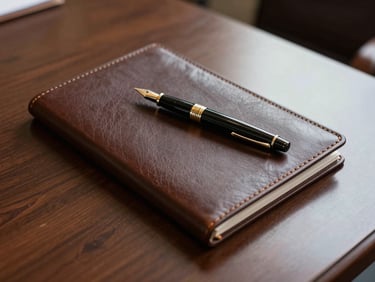 A close-up of a high-quality leather legal portfolio and an elegant fountain pen resting on a polished dark wood desk in a Riyadh boardroom
