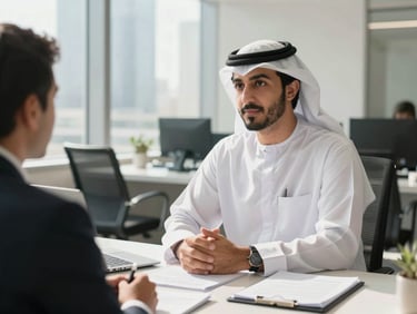 A professional Saudi legal consultant in traditional attire discussing regulatory frameworks with a client in a sunlit, modern Riyadh office