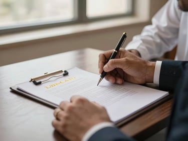 Hands of a Saudi legal expert signing a premium commercial contract with gold-embossed details under warm, natural window light