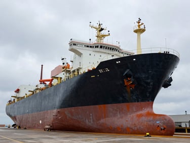 Wide-angle heroic shot of an FPSO hull in drydock, massive steel structure with visible orange anti-corrosive primer coating, overcast maritime sky, high contrast.