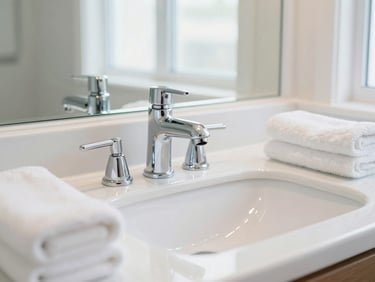 Close-up of a sparkling clean bathroom vanity with polished chrome fixtures and white towels, bright natural light.