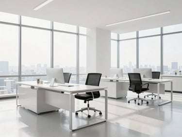Clean, modern office space with gleaming desks and polished floors, natural light streaming through large windows.