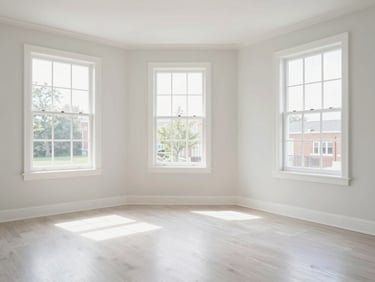 Empty, sunlit room in a luxury home, freshly cleaned, showing clean baseboards and windows, ready for new occupants.