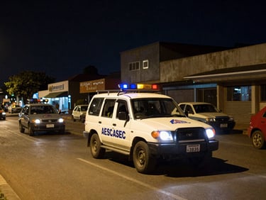 Wide environmental shot — an ASEC marked vehicle on a patrol route through a Bujumbura commercial district at night, headlights visible, documentary style, no staged posing, ambient streetlight