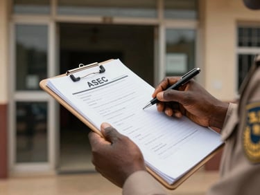 Close-up documentary shot — an ASEC agent's hands holding a daily log clipboard at a commercial building entrance, Bujumbura, natural daylight, no faces visible, focus on the accountability document