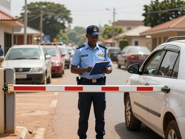Eye-level framing — an ASEC agent at a checkpoint barrier controlling vehicle access at a compound entrance in Bujumbura, daytime, clipboard visible, professional uniform, documentary natural light