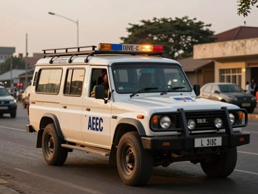 Documentary framing of an ASEC patrol vehicle moving along a Bujumbura street at dusk, guard visible in passenger seat, city streetscape in background, golden ambient light