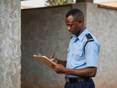 Eye-level documentary shot of an ASEC guard stationed at a site entrance in Bujumbura, clipboard in hand, reviewing a roster under natural morning light, institutional concrete wall behind him