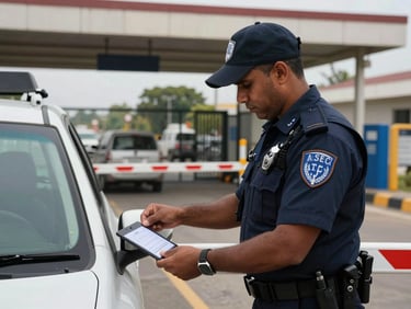 Close documentary shot of an ASEC agent at a checkpoint barrier checking a vehicle access badge, institutional gate visible, natural daylight, eye-level framing from the guard's position