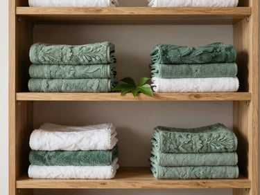 Intimate shot of a perfectly organized wooden shelf with folded towels and a small green leaf accent.