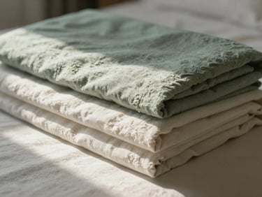 Close-up of neatly folded natural linen sheets on a sunlit bed, warm morning light, soft shadows.