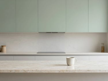 Straight-on clean minimalist kitchen counter with polished stone, a single ceramic cup, soft diffused light.