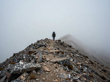 A solitary hiker walking along a misty Andean ridge, expansive sky and rugged stone textures, muted natural colors.