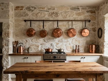 A rustic, minimally styled kitchen interior of a stone farmhouse, copper pots hanging on the wall, soft daylight illuminating a wooden table.