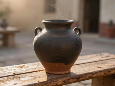 Dark clay pottery resting on a wooden bench in Oaxaca, soft smoke in the background, golden hour lighting.