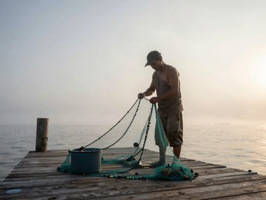 An artisanal fisherman mending nets on a wooden dock at sunrise, misty coastal background, soft overcast daylight.