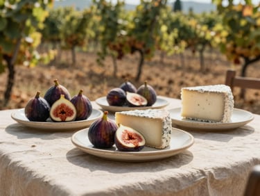 A sun-drenched table in a Tuscan vineyard courtyard, rustic ceramic plates with fresh figs and local cheese, natural light.