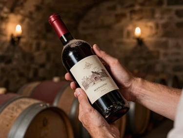 Close-up of a winemaker's hands holding a dusty bottle of aged red wine in a dark, historic stone cellar, soft candlelight.