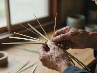 A close-up of aged hands weaving thin strips of bamboo in a dimly lit Kyoto workshop, natural window light.