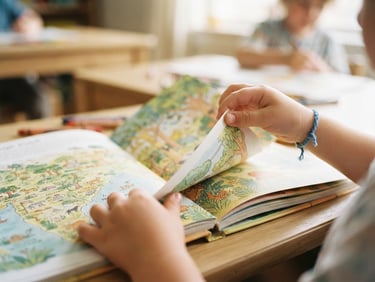 Close-up of a child's hands turning the page of a brightly illustrated textbook, soft natural morning light, warm pastel tones, 35mm