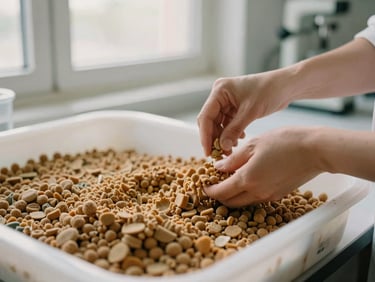 Hands-on work in a pet food formulation lab, focused on ingredient mixing, shallow depth of field, warm editorial photography, soft natural window light, muted earth tones, 35mm film look.