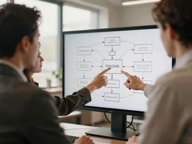 Professional collaborative meeting in a modern office, hands pointing at a complex flow chart on a screen, warm editorial photography, soft natural window light, muted earth tones, shallow depth of field, 35mm film look