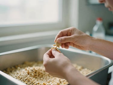Medium-close up of hands in a pet food formulation lab, meticulously weighing ingredients under soft natural window light, shallow depth of field, 35mm film look