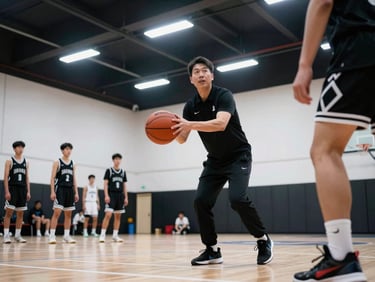 Focused athletic coach instructing a high school basketball team on a pristine indoor court, dynamic low angle, crisp lighting, sharp focus.