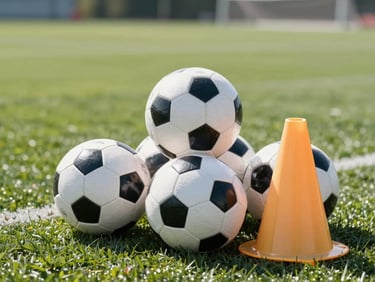 Focused close-up of stacked premium soccer balls and training cones on a pristine green turf field, bright morning sun, sharp focus.