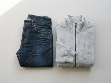 Bright retail flat-lay of premium folded denim jeans and a soft grey fleece jacket on a clean light grey background, natural daylight, soft shadows