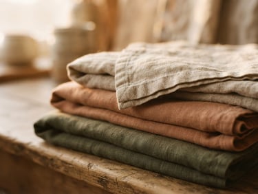 Close-up of neatly folded soft linen towels in earthy tones, diffused golden-hour light, shallow depth of field