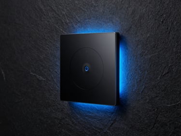 Sleek smart home control panel mounted on a dark slate wall, ambient cool blue highlight, sharp focus