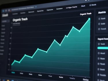Sleek data dashboard showing rising organic traffic charts, neon teal line graphs, dark UI theme
