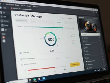 Ad campaign manager interface showing positive ROI metrics, conversion tracking setup, dark screen glow