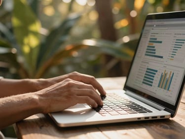 Close-up of hands working on a laptop showing analytics charts, tropical plants in the soft-focus background, warm morning light