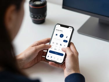 Over-the-shoulder shot of a developer analyzing a mobile interface on a smartphone screen, clean desk setup, soft natural light, deep navy accents, 35mm lens.