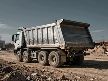 Wide-angle action shot of a dump trailer operating on a dusty, rugged construction site, with dramatic sunlight catching the silver metallic side panels.