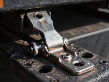 Macro technical close-up of a heavy-duty trailer mechanical hinge assembly and high-strength weld joint, dramatic side lighting