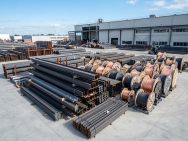 Bright clean warehouse yard with neatly stacked structural steel bars and copper cabling spools under crisp daylight