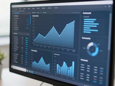 Close-up of a secure, clean data visualization interface on a monitor, abstract graphs and metrics, cool blue and slate tones, sharp focus.