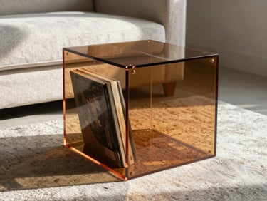Portrait shot of a thick-walled acrylic display ottoman styled next to a low linen sofa. Large art books are visible inside the transparent frame. Strong directional afternoon light.