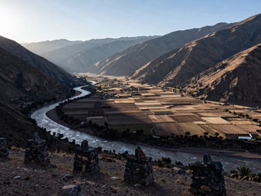 Panoramic Andean valley floor near Urubamba seen from above at early morning, river bend visible to the left, high-altitude light raking across flat agricultural land, stone boundary markers in foreground, no people, geological permanence