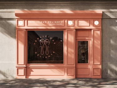 Frolicious Delights frozen yogurt brand identity — storefront concept