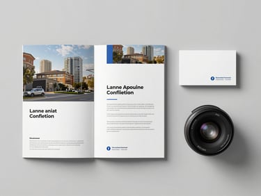 Top-down flat lay of high-fidelity physical corporate brochures and business cards on a clean neutral gray background, cool studio lighting with sharp defined shadows, edge-to-edge alignment.